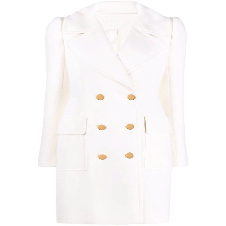 Women's Double-breasted Boxy Coat made of wool blend with wide lapels and gold decorative buttons Chichicherry