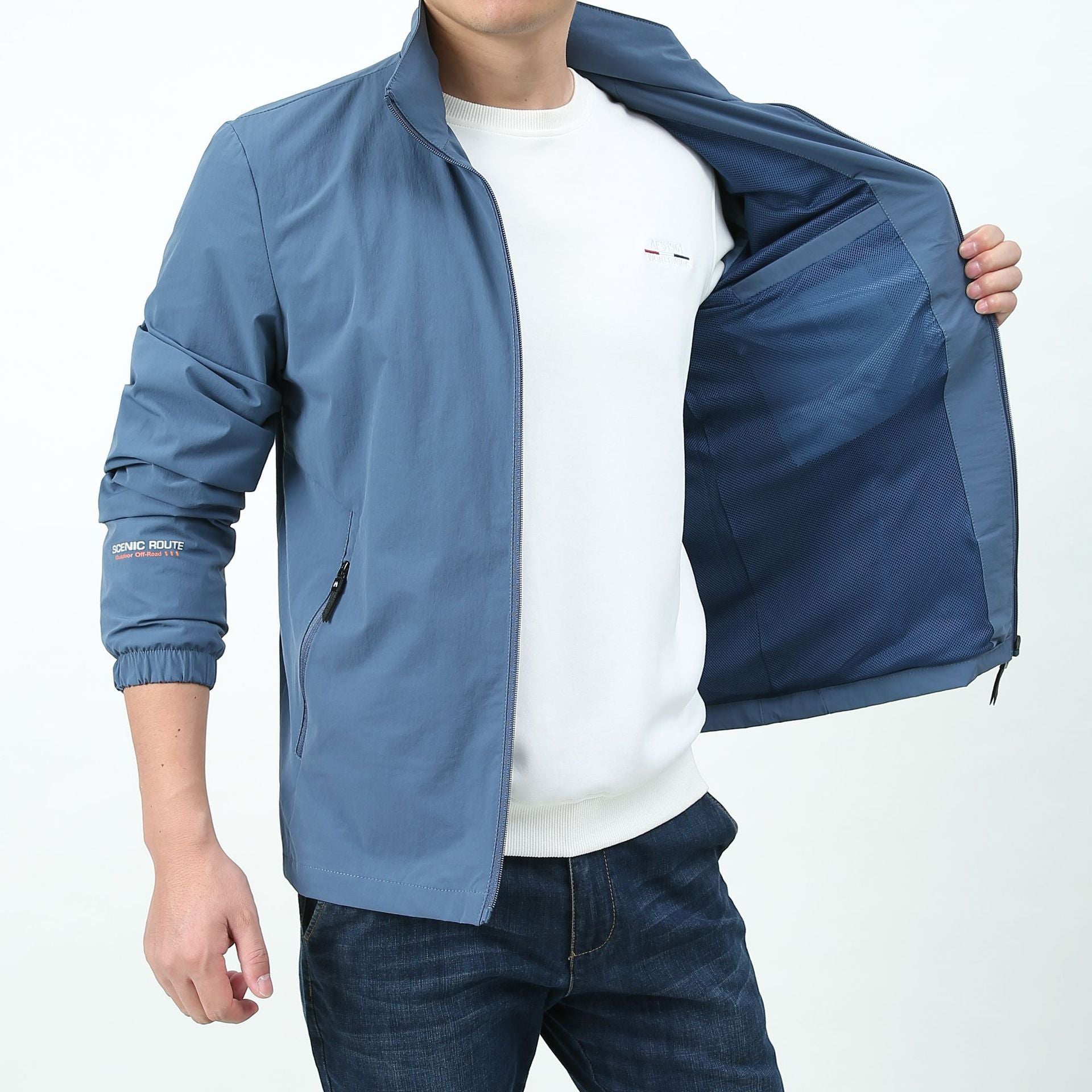 Men's Light Windbreaker Blouson with Stand-Up Collar, Zipper Pockets, and Elastic Cuffs Chichicherry