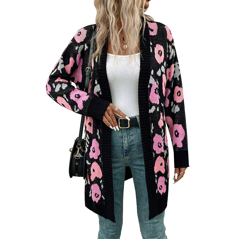 Women's Long Open Knit Cardigan with Leopard Jacquard Pattern and Ribbed Hems Chichicherry