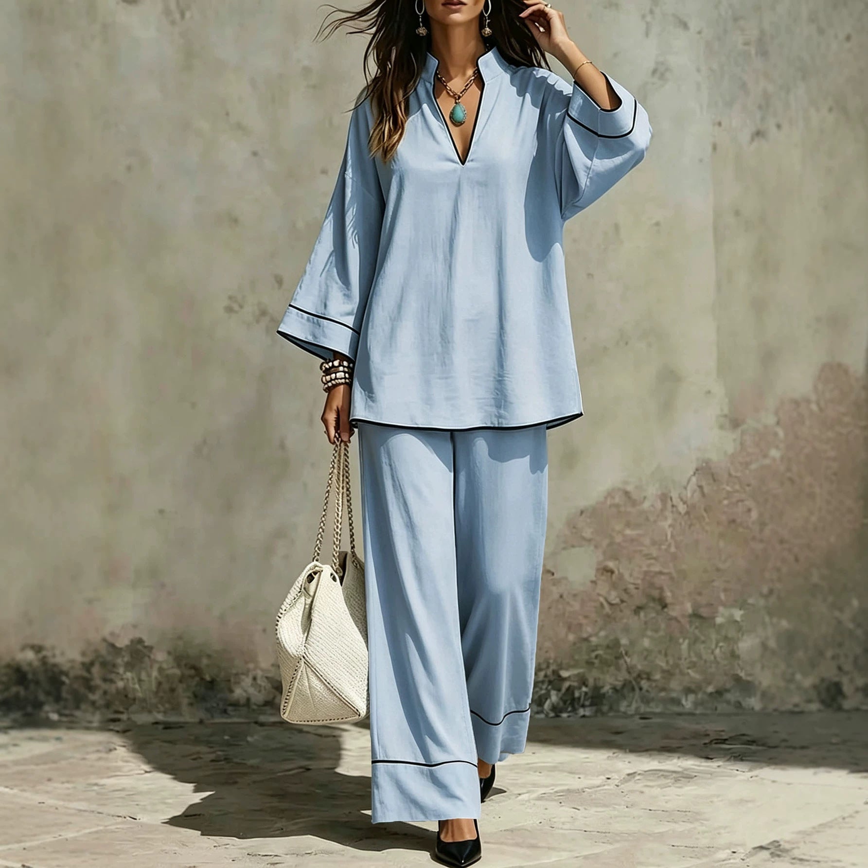 Damen Lässiges zweiteiliges Leinenoptik-Loungewear-Set mit Stehkragen, V-Ausschnitt und weitem Beinschnitt Chichicherry