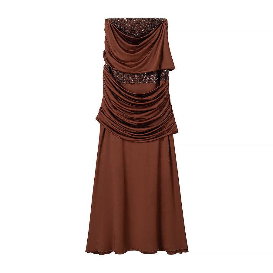 Ladies evening dress with off-the-shoulder draped top and sequin insert Chichicherry