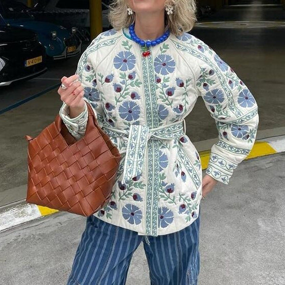Women's cardigan with folk floral embroidery, button placket and loose fit Chichicherry
