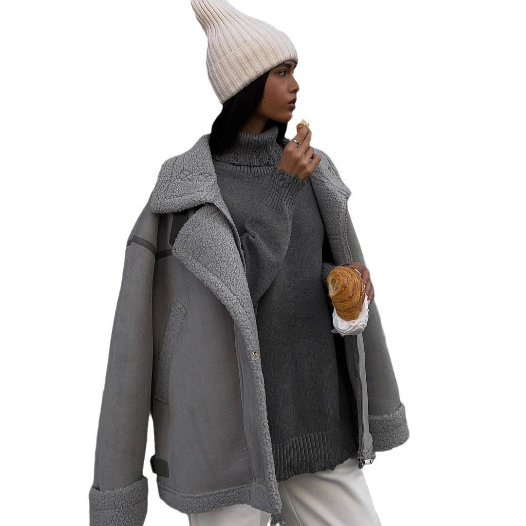 Damen Weit geschnittene Lammfellimitat-Fliegerjacke mit Kunstfellfutter Chichicherry