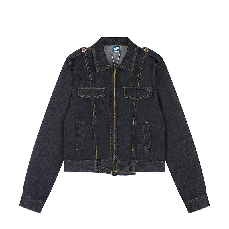 Women Short Cut Denim Jacket with Epaulettes, Zipper and Waist Belt Chichicherry