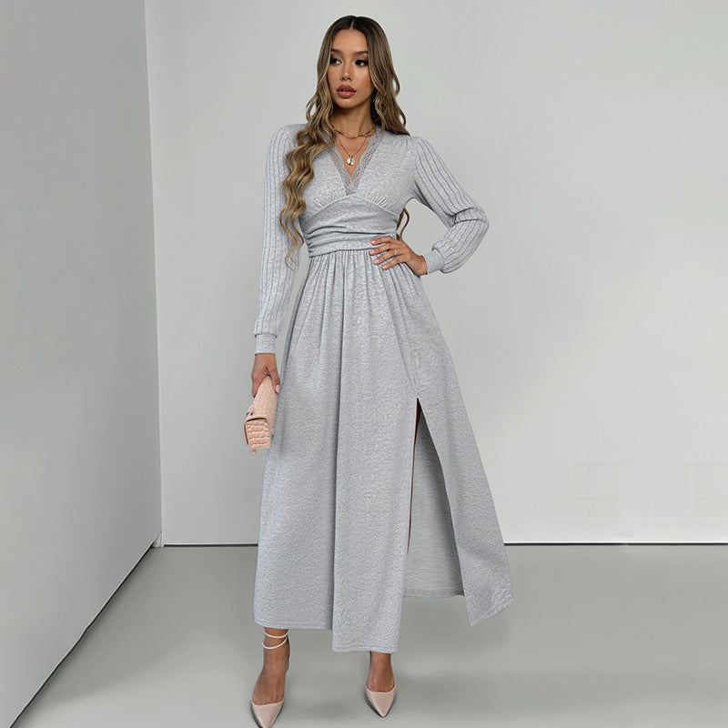 Women's Elegant Wrap Maxi Dress with Lace Trim, Fitted Knot Waist and High Split