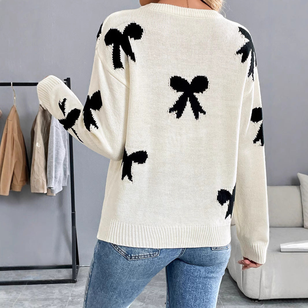 Women's Knitted Crew Neck Sweater with Bow Jacquard and Relaxed Fit Chichicherry