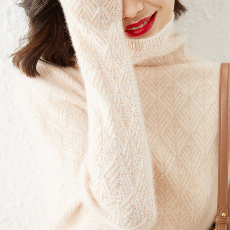 Women's Luxurious Mohair-Mix Turtleneck Sweater with Diamond-Structured Ajour Design Chichicherry