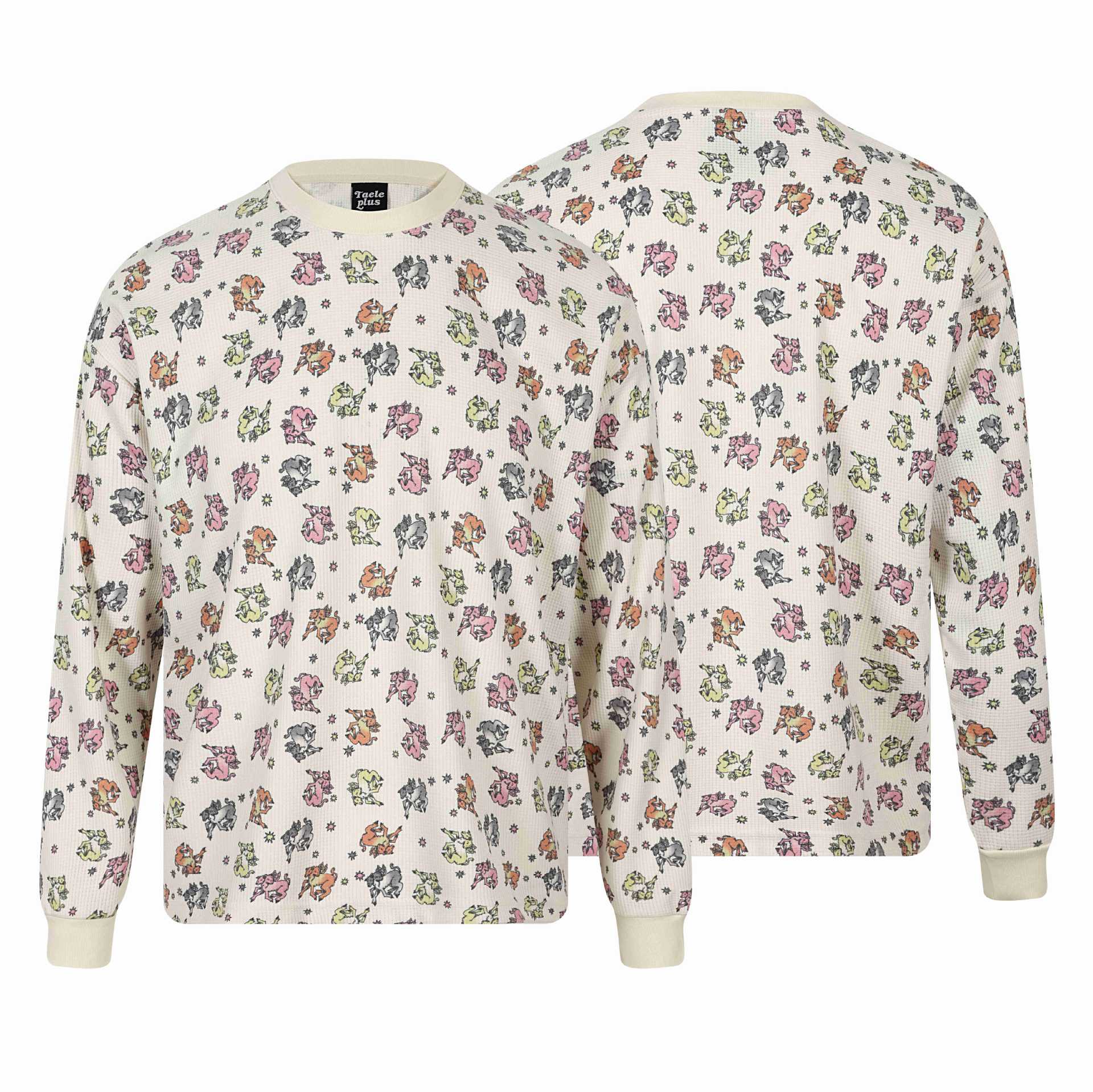 Women's waffle thermal shirt with playful all-over print and ribbed round neck