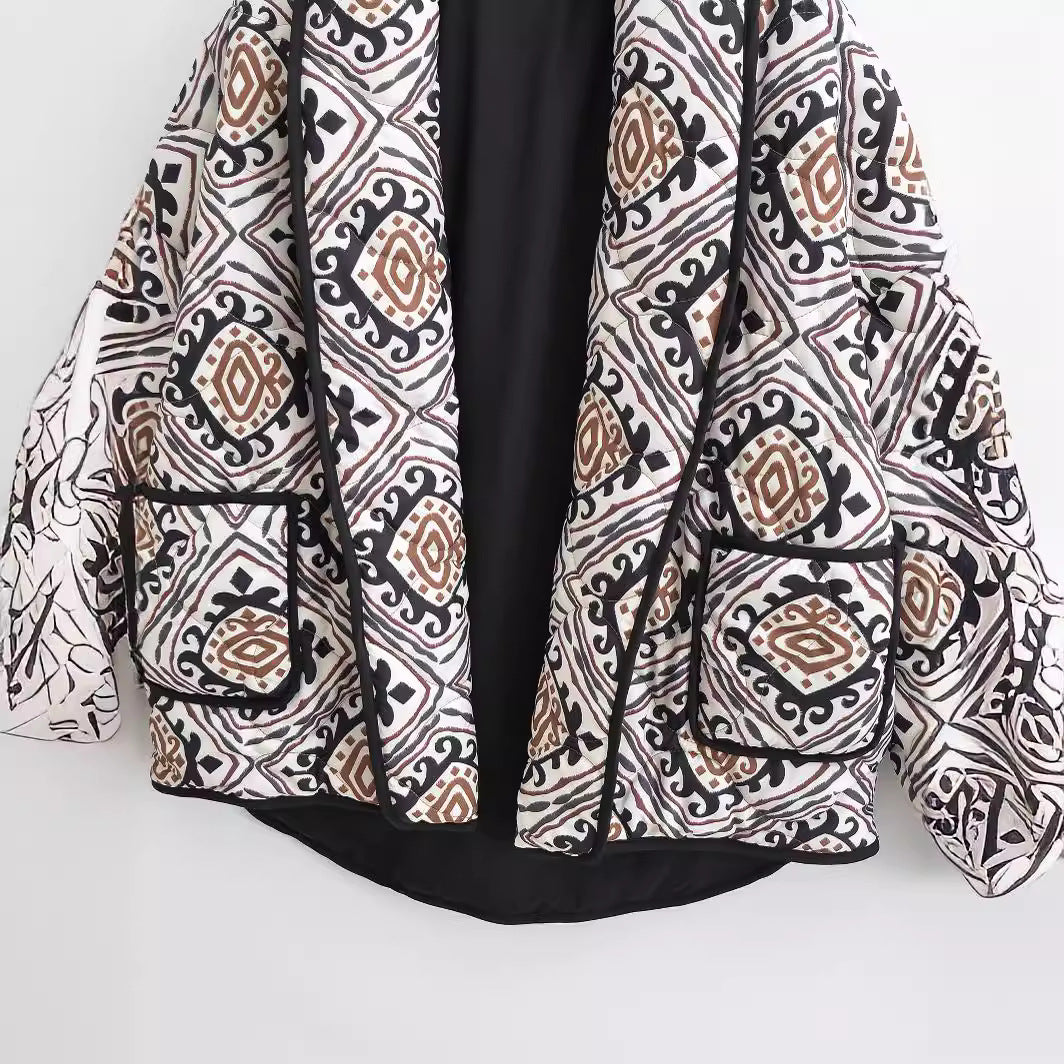 Women's Quilted Kimono Jacket with Waist Belt and Ethno Pattern