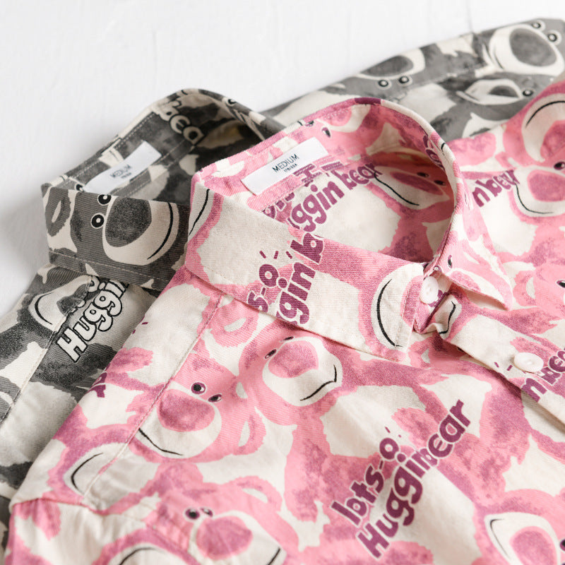 Men's Casual Loose-Fit Shirt with Full Button Placket, Chest Pocket, and Playful Allover Bear Print Chichicherry