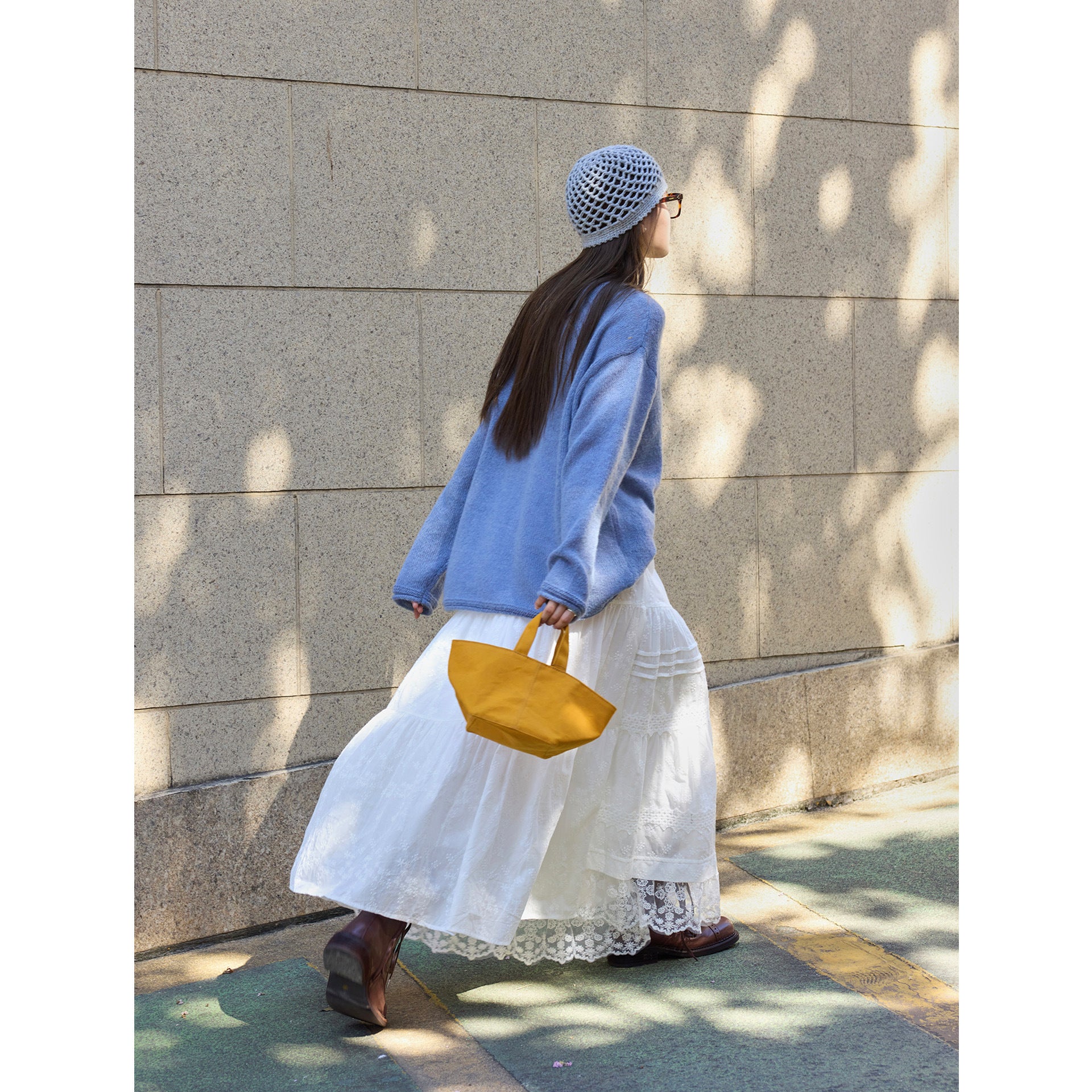 Women Long Tiered Skirt with Lace Layers and Elastic Waistband Chichicherry