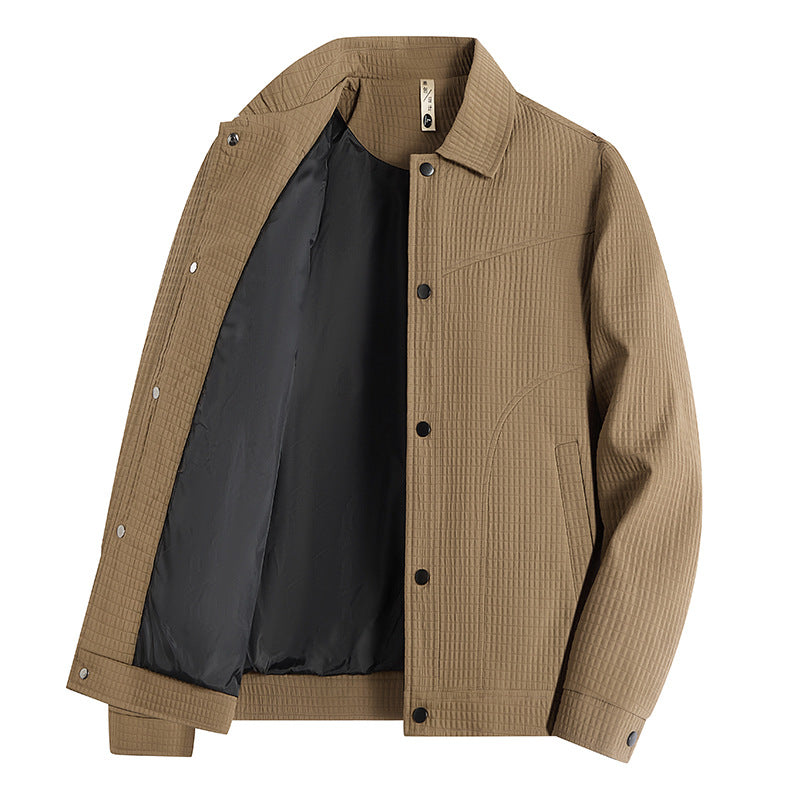 Men's Light Transitional Jacket in Worker Style with Microstructured Twill Look and Snap Button Placket Chichicherry