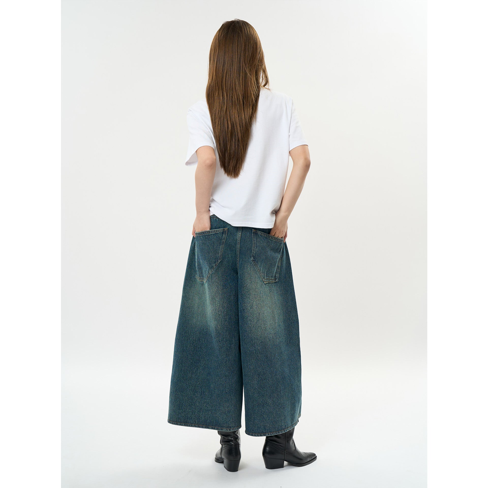 Ladies Wide High-Waist Denim Culotte in Cropped Baggy Style Chichicherry