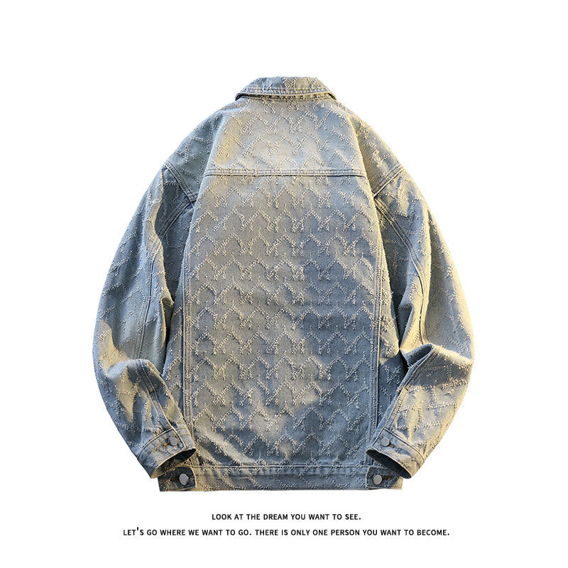 Men's Oversize Denim Jacket with Quilted Allover Pattern and Chest Pockets Chichicherry