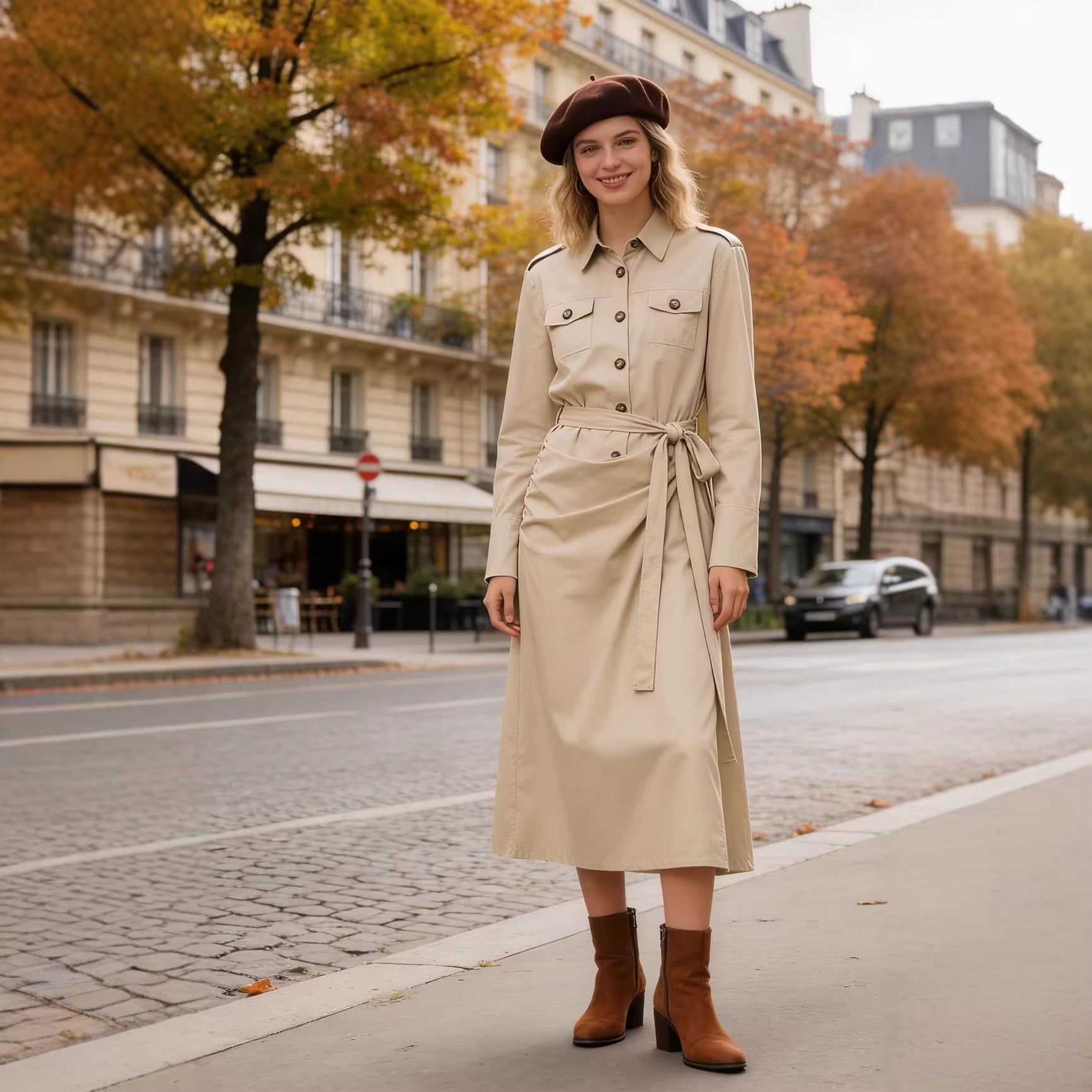 Ladies' shirt dress with knot tie belt, flap pockets and slim waist Chichicherry