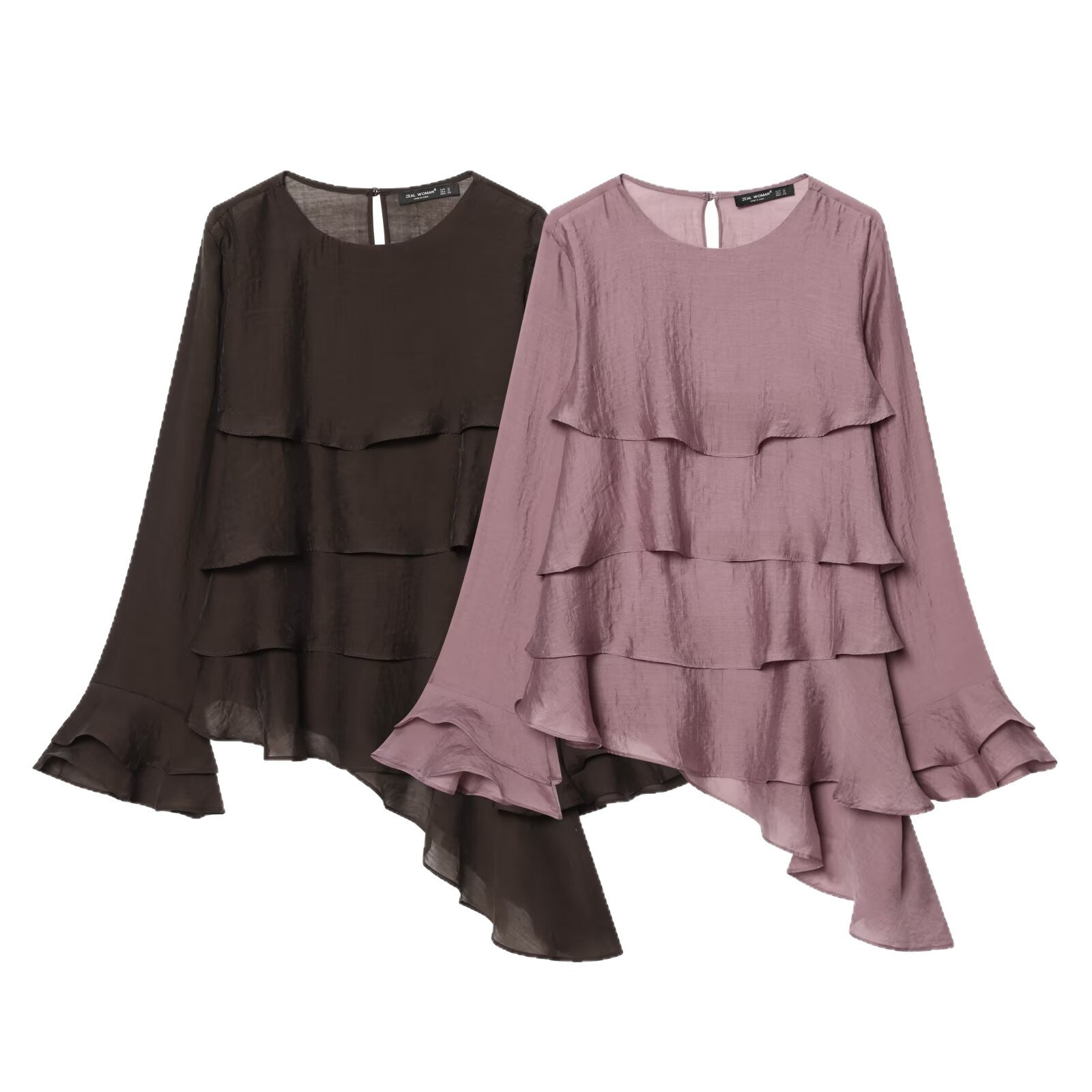 Women's Layered Look Chiffon Blouse with Ruffles and Asymmetrical Hem Chichicherry