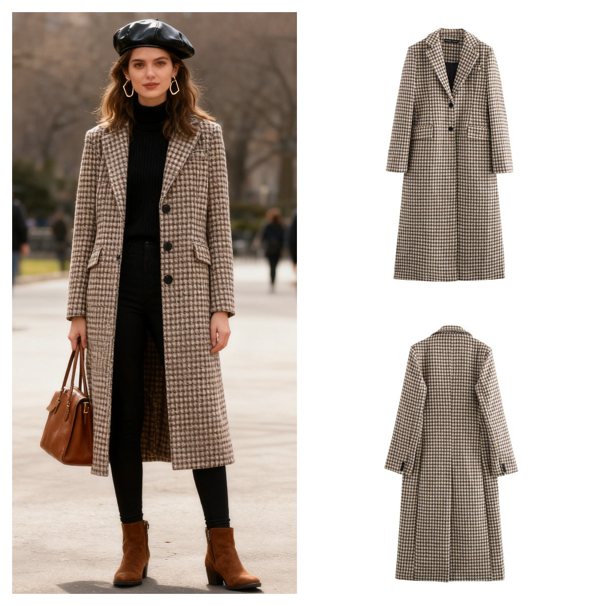 Ladies long-cut checked coat made of wool blend with tailored silhouette, notched collar and flap pockets Chichicherry