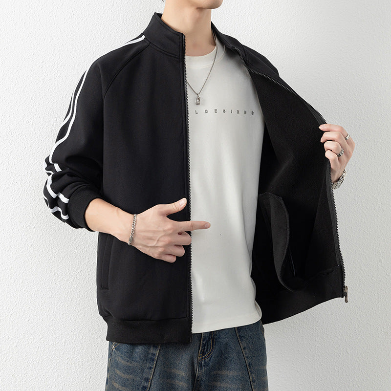 Men's leisure training jacket with stand-up collar, zipper, and contrast stripes Chichicherry