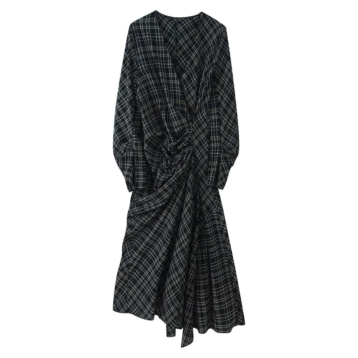 Women Midi Dress with Wrap Look, Side Gathering and Asymmetrical Hem Chichicherry