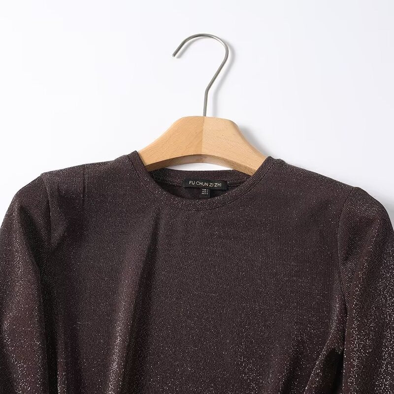 Ladies Lurex Fine Knit Long Sleeve with Round Neckline and Subtly Shimmering Surface Chichicherry