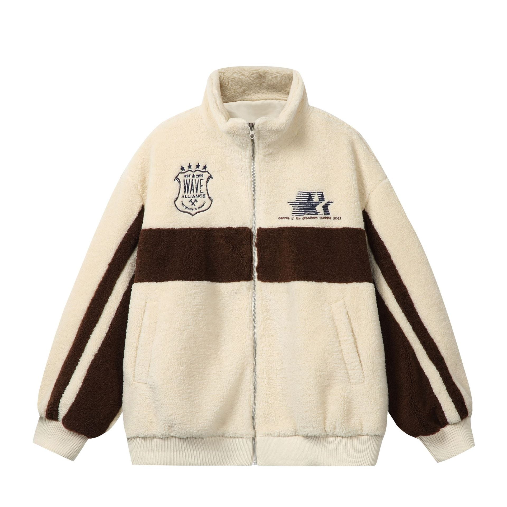 Unisex Sherpa fleece jacket in boxy cut with stand-up collar, block stripes and embroidery details Chichicherry