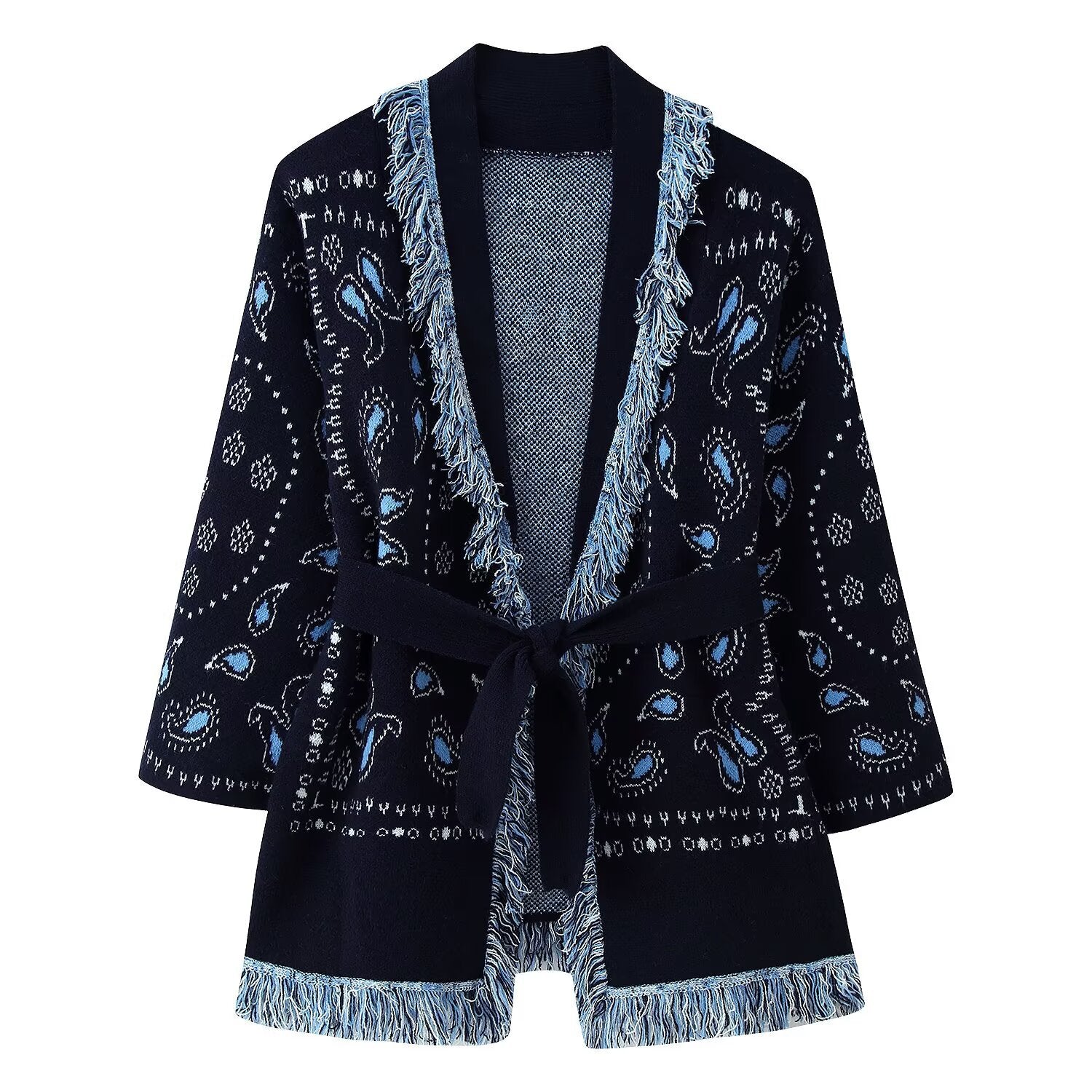 Women Fringe Kimono Cardigan with Paisley Jacquard and Tied Belt Chichicherry