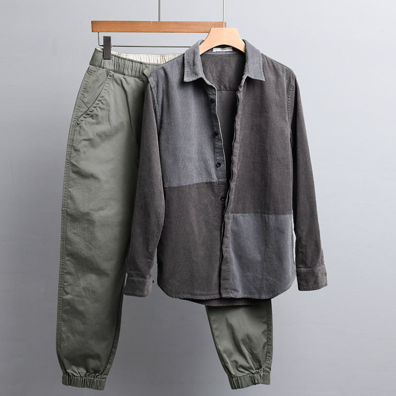 Men's Patchwork Cord Shirt Jacket in Relaxed Fit with Kent Collar Chichicherry
