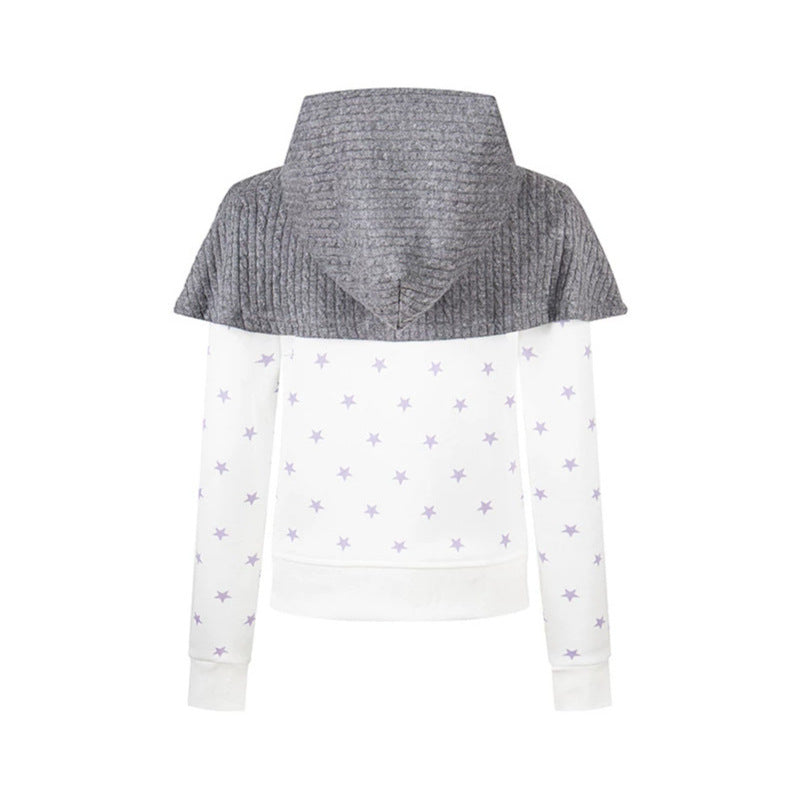 Women's hooded sweatshirt jacket with removable knitted cape, star print and front zipper Chichicherry