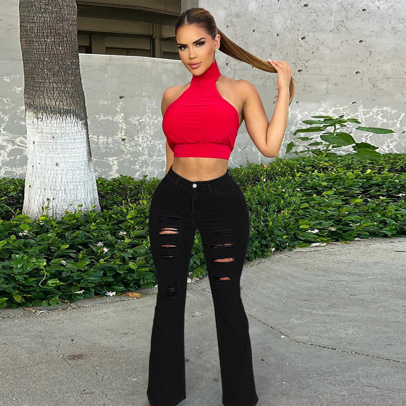Women's High-Waist Flared Pants in Stretch Denim with Multiple Destroyed Effect Chichicherry