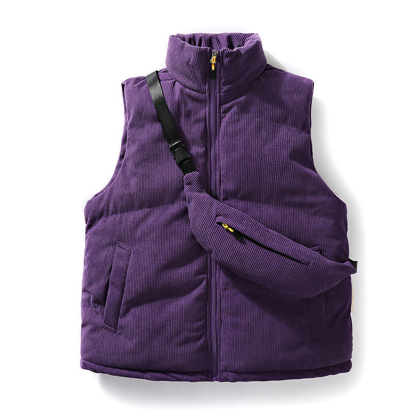 Men's Padded Fine Cord Quilted Vest with High Stand-Up Collar and Integrated Crossbody Fanny Pack Chichicherry