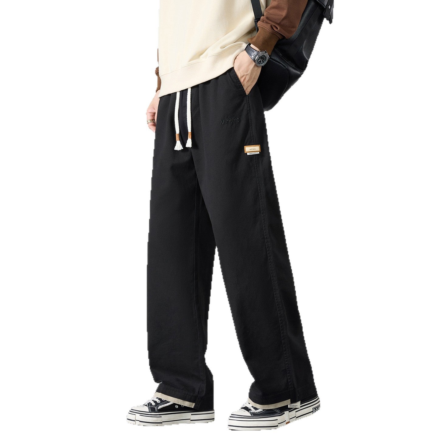 Men's Wide Cotton Canvas Pants in Wide Leg with Drawstring Waist Chichicherry