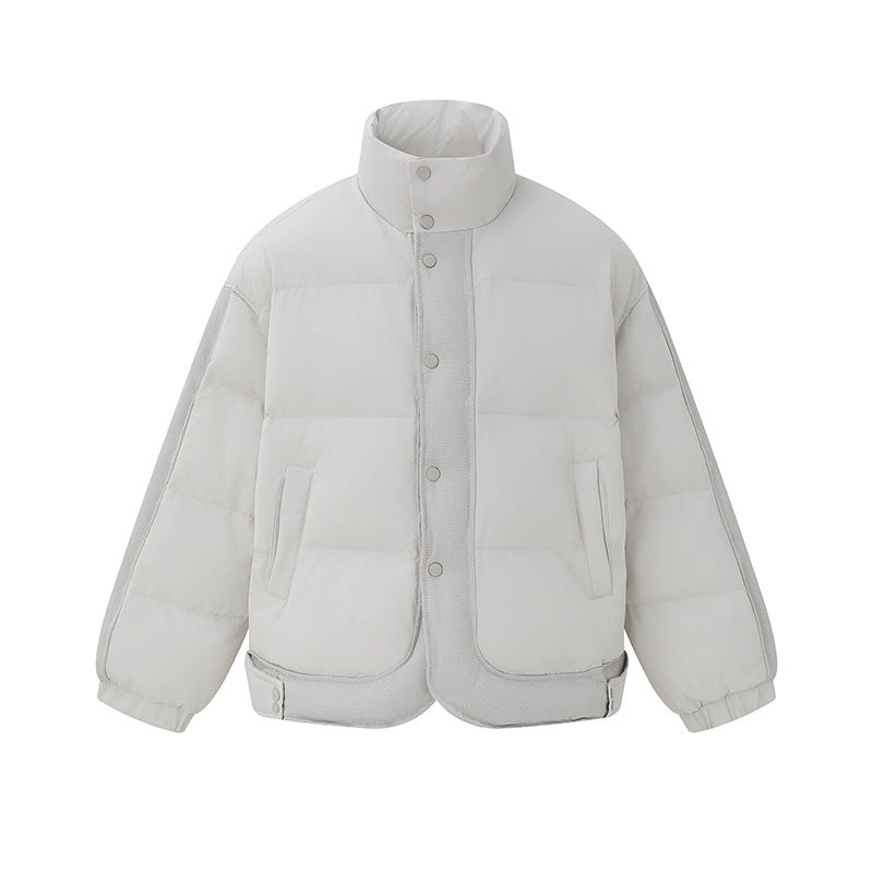 Unisex Short Cut Boxy Quilted Jacket with High Stand-Up Collar and Snap Button Placket Chichicherry