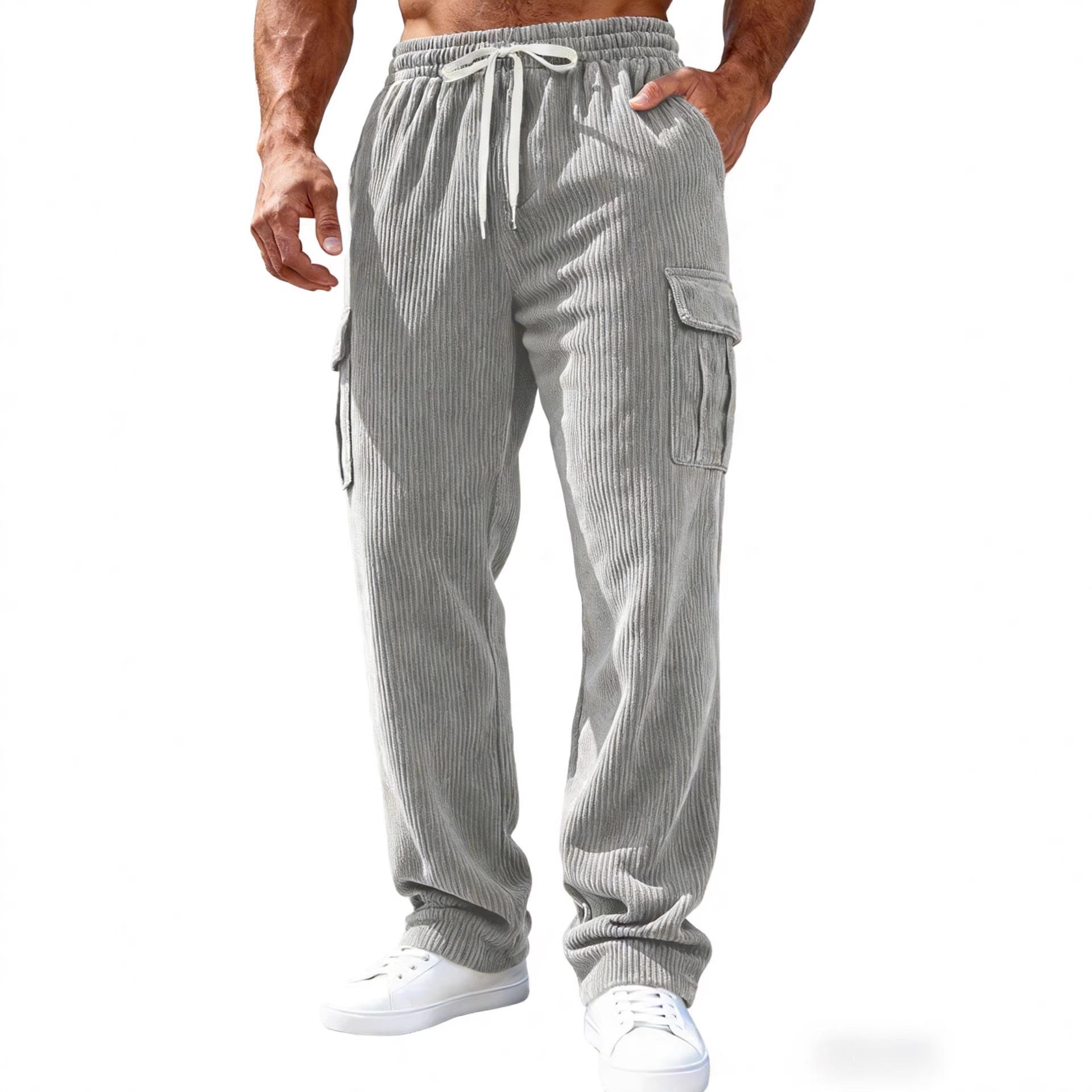 Men Ribbed Cargo Sweatpants with Drawstring and Elastic Waistband Chichicherry