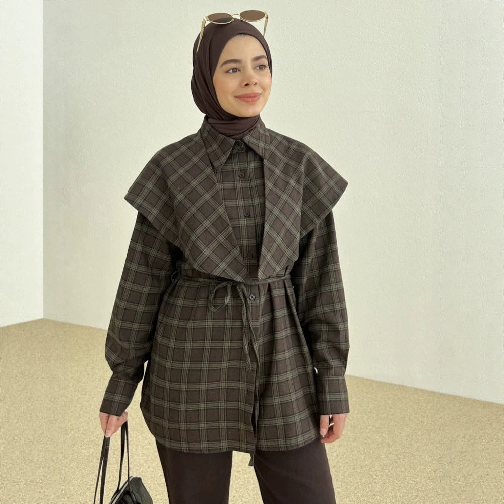 Women's Oversized Checked Shirt with Waist Belt and Extended Back Hem Chichicherry