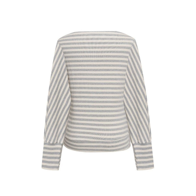 Women's Figure-hugging Striped Long Sleeve Shirt with Wide Boat Neck and Cropped Batwing Sleeves Chichicherry