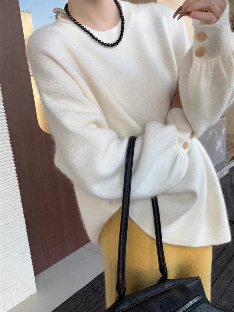 Women's Oversize Fine Knit Sweater with Balloon Sleeves and Button Cuff Chichicherry