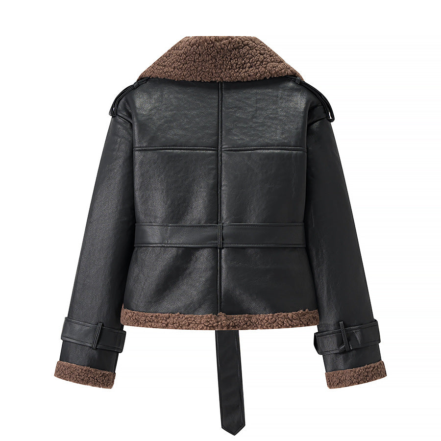 Women Short Flight Jacket Made of Faux Leather with Teddy Fur Collar and Waist Belt Chichicherry