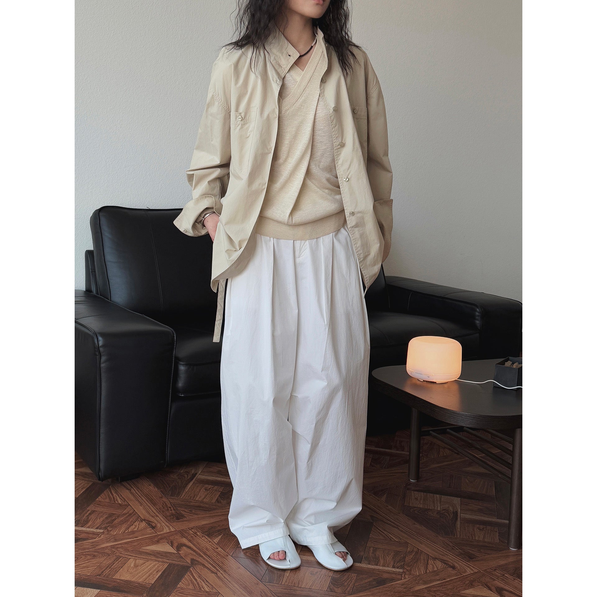 Women's Relaxed Shirt Jacket in Boxy Cut with Stand Collar and Chest Pocket Chichicherry