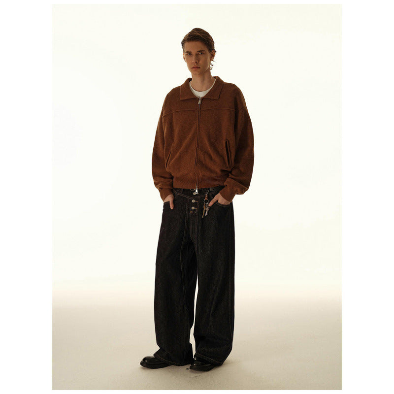Men's knitted zip jacket with shirt collar, ribbed cuffs, and concealed side pockets Chichicherry