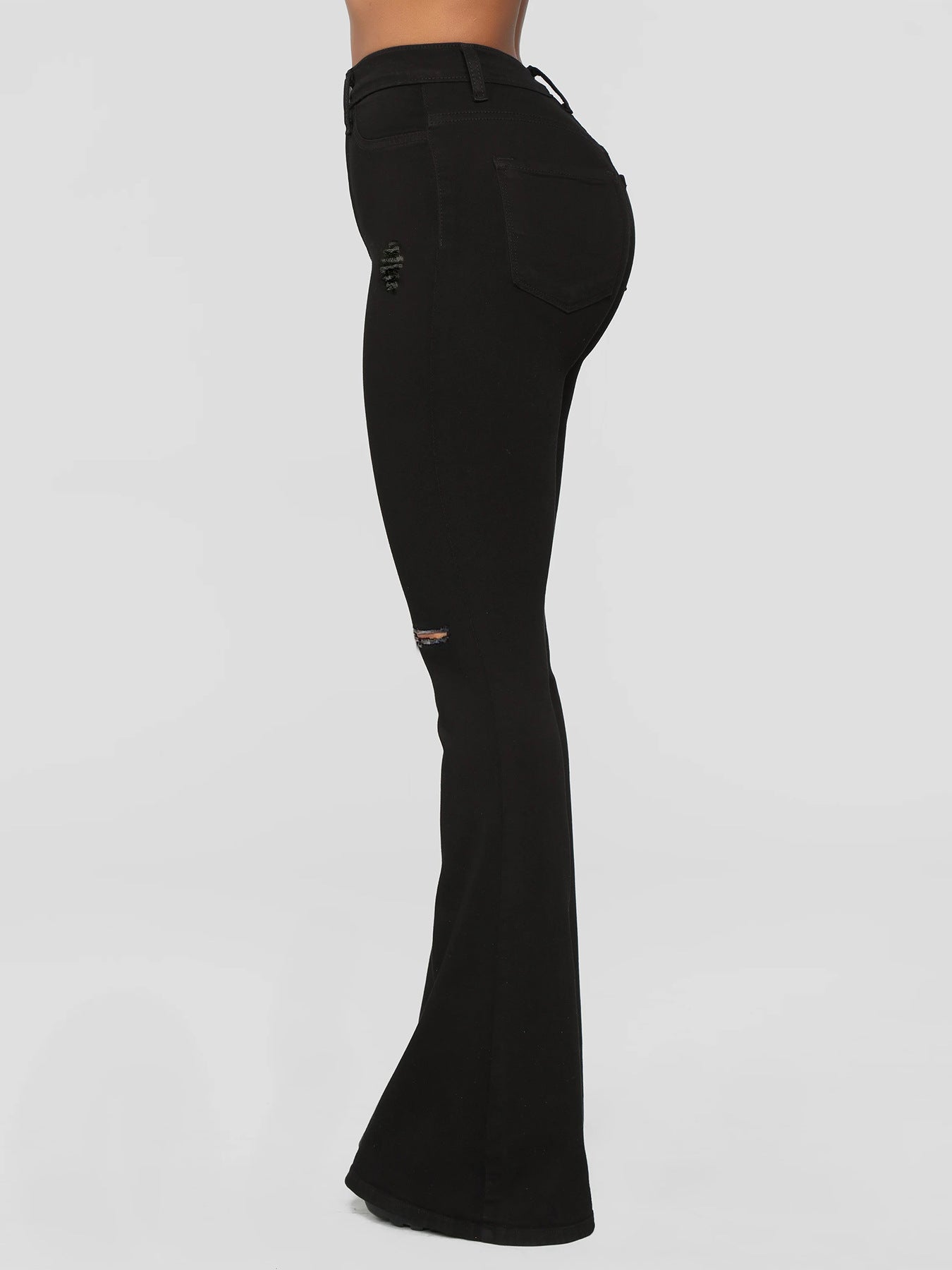 Ladies High-Waist Flared Jeans with Knee Rips and Sculpting Stretch Waistband Chichicherry