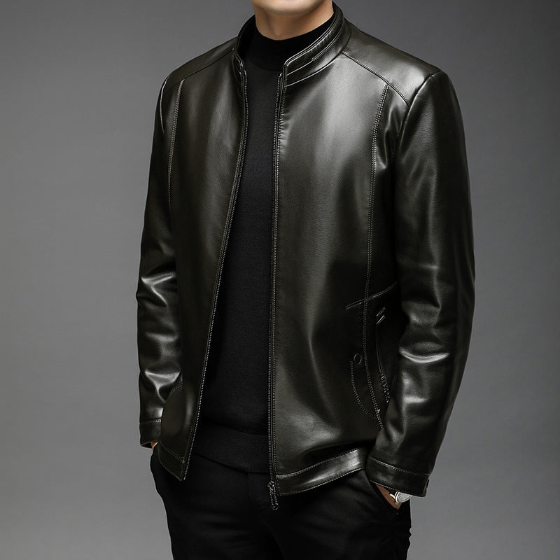 Men's Minimalistic Leather Look Transitional Jacket with Stand Collar and Two-Way Zipper Chichicherry