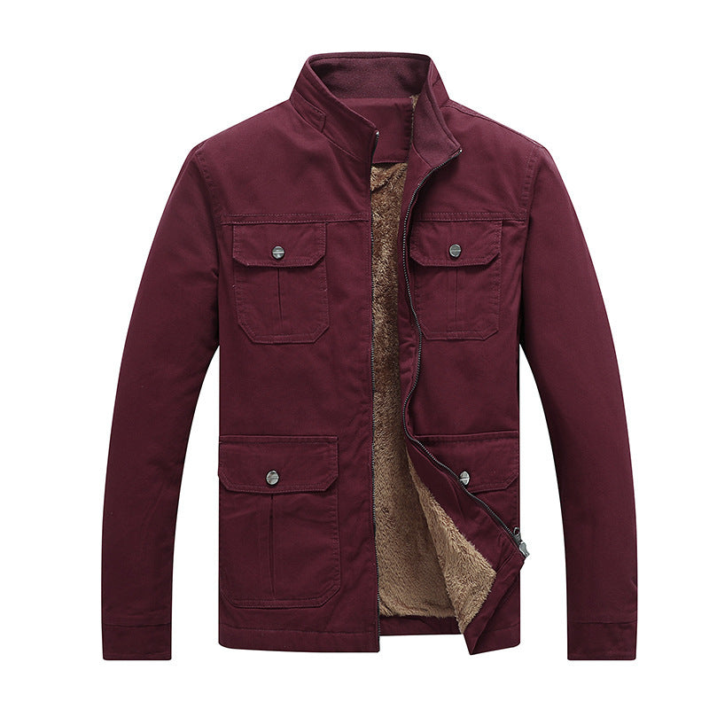 Men's canvas field jacket with faux fur lining, utility pockets, and stand-up collar Chichicherry