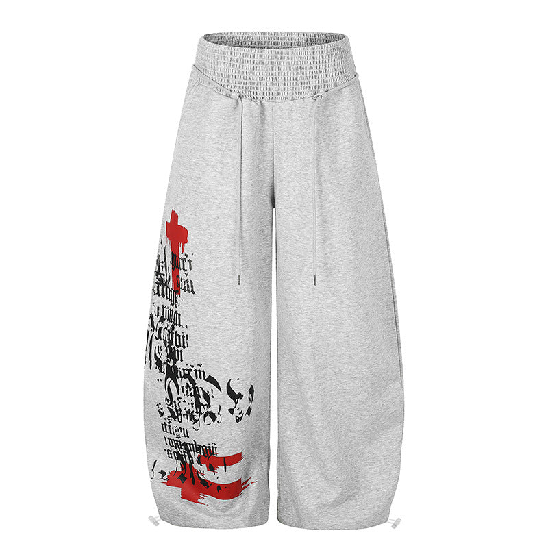 Women Extra Wide Balloon Palazzo Sweatpants with Ribbed Comfort Waistband, Drawstring and Typographic Gothic Print Chichicherry