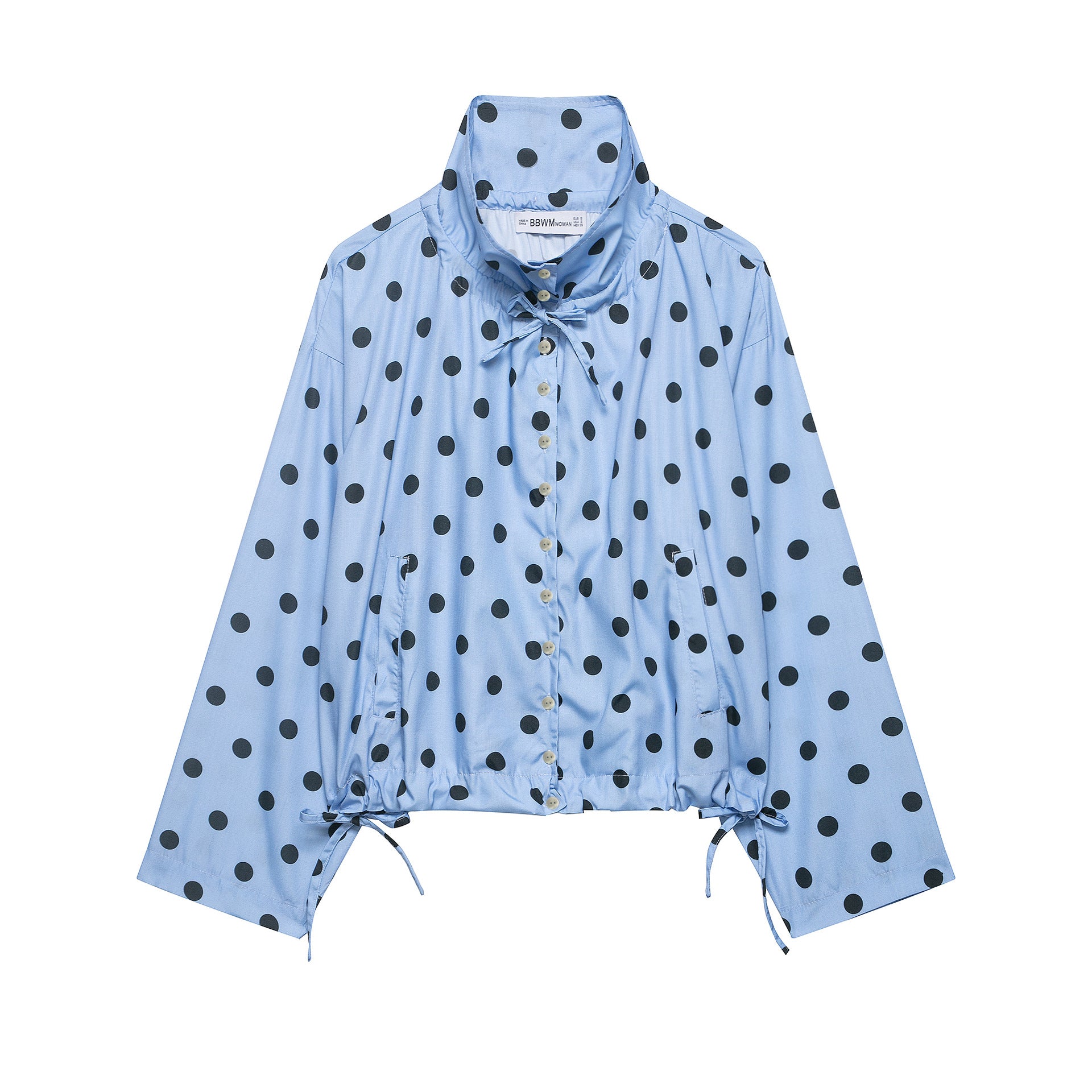 Women's lightweight blouse in polka dot design with stand-up collar, drawstring hem and button placket Chichicherry