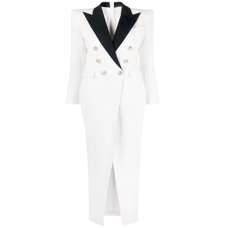 Women's Evening Blazer Dress Maxi with Contrast Lapels and Slit Chichicherry