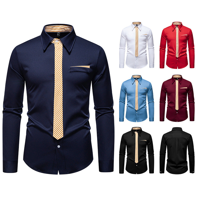 Men's Slim-Fit Business Shirt with Integrated Tie Look and Chest Pocket Chichicherry