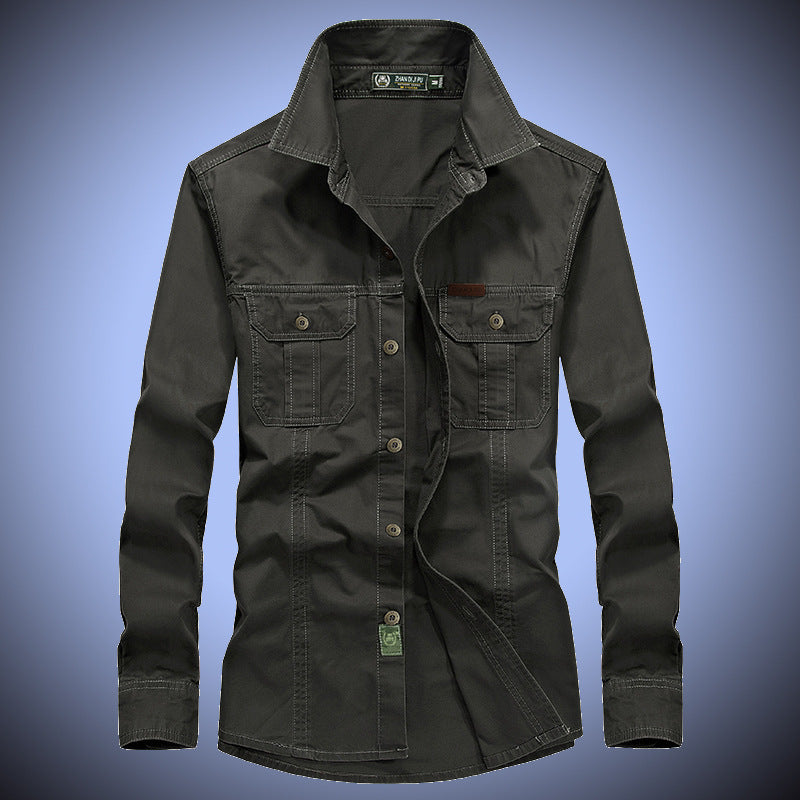 Men's rugged canvas overshirt with chest flap pockets, shirt collar, and utility details Chichicherry