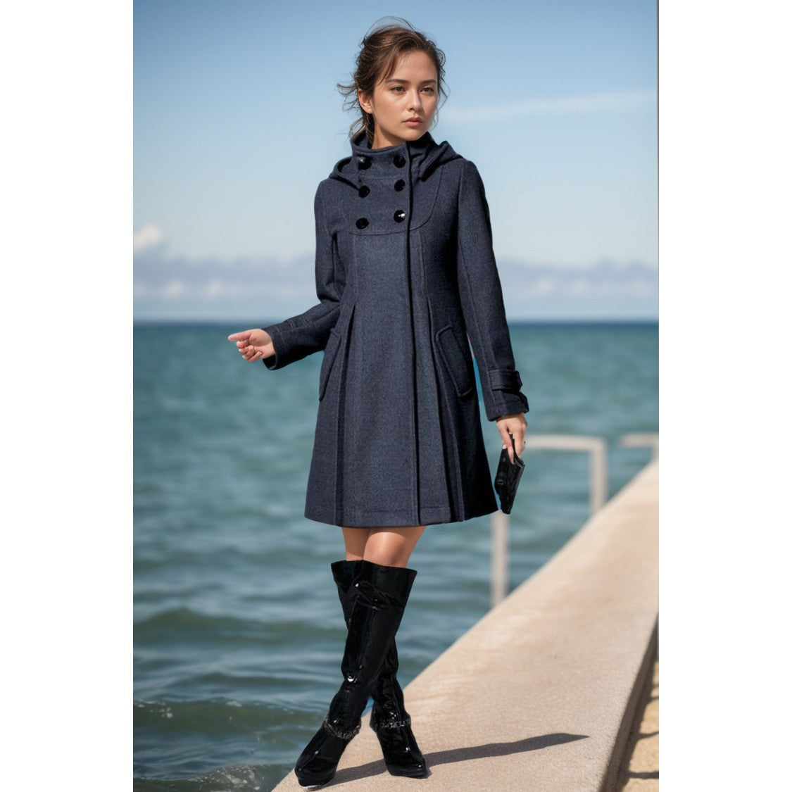 Women's A-line wool mix coat with high hood and double-button placket Chichicherry
