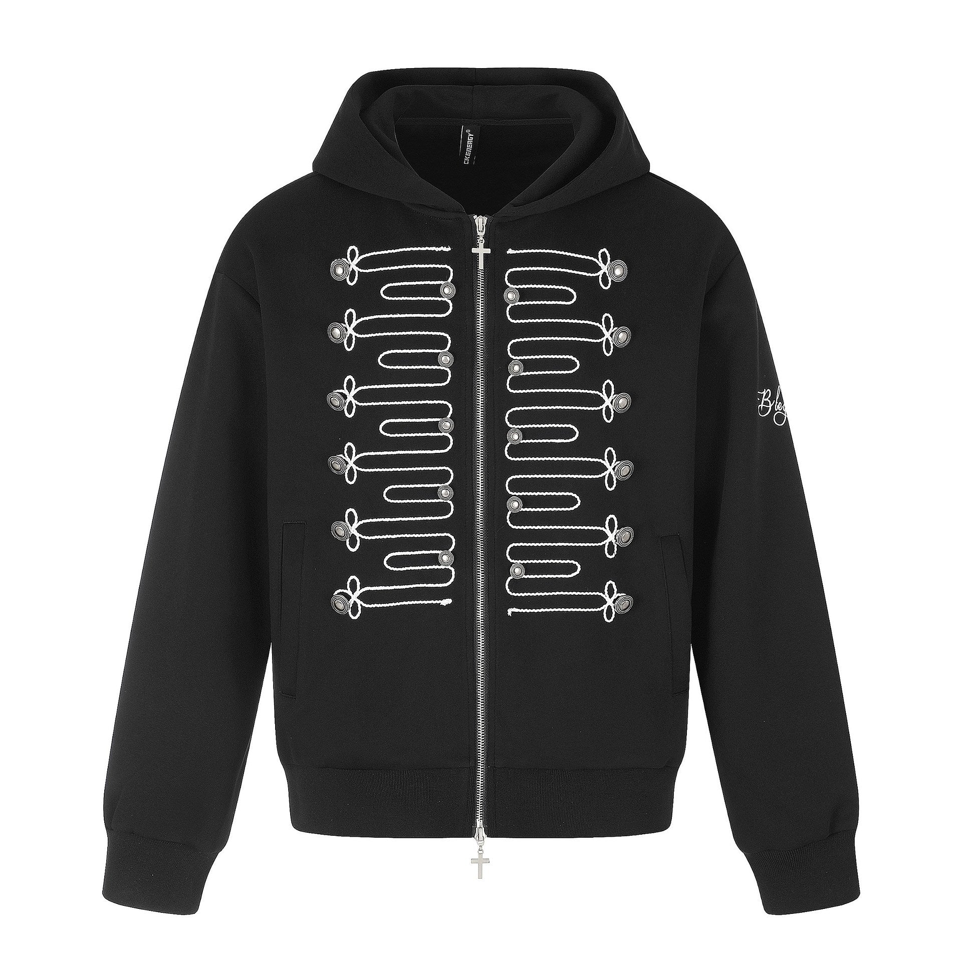 Unisex Hooded Zip Jacket in Military Style with Decorative Cord Application and Cross Zipper Chichicherry