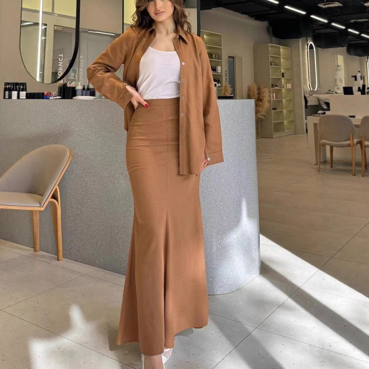 Women Two-Piece Set Tube Maxi Skirt with Flared Hem and Oversize Shirt Chichicherry